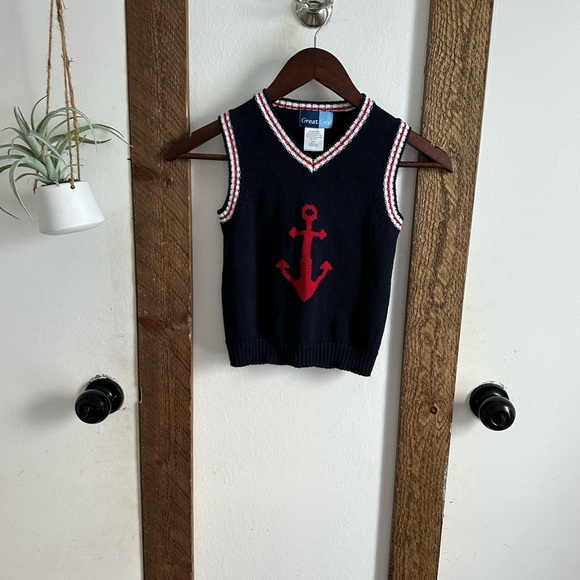 Vintage Great Guy 4T Boy Nautical Navy Blue Red White Anchor Sweater Vest - Picture 2 of 9